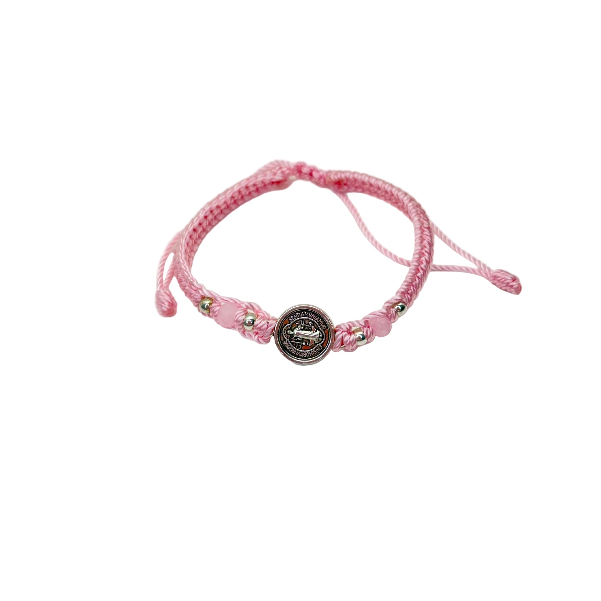 Pink St. Benedict bracelet with beads and adjustable cord, Catholic bracelet for women 
