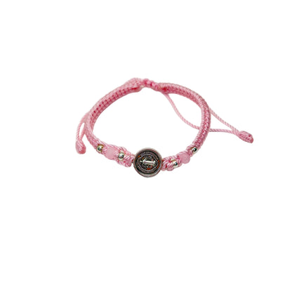 Pink St. Benedict bracelet with beads and adjustable cord, Catholic bracelet for women 
