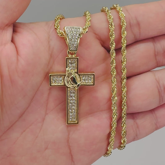 Stainless Steel Cross Necklace with Praying Hands CZ Pendant – Rope Chain (14”)