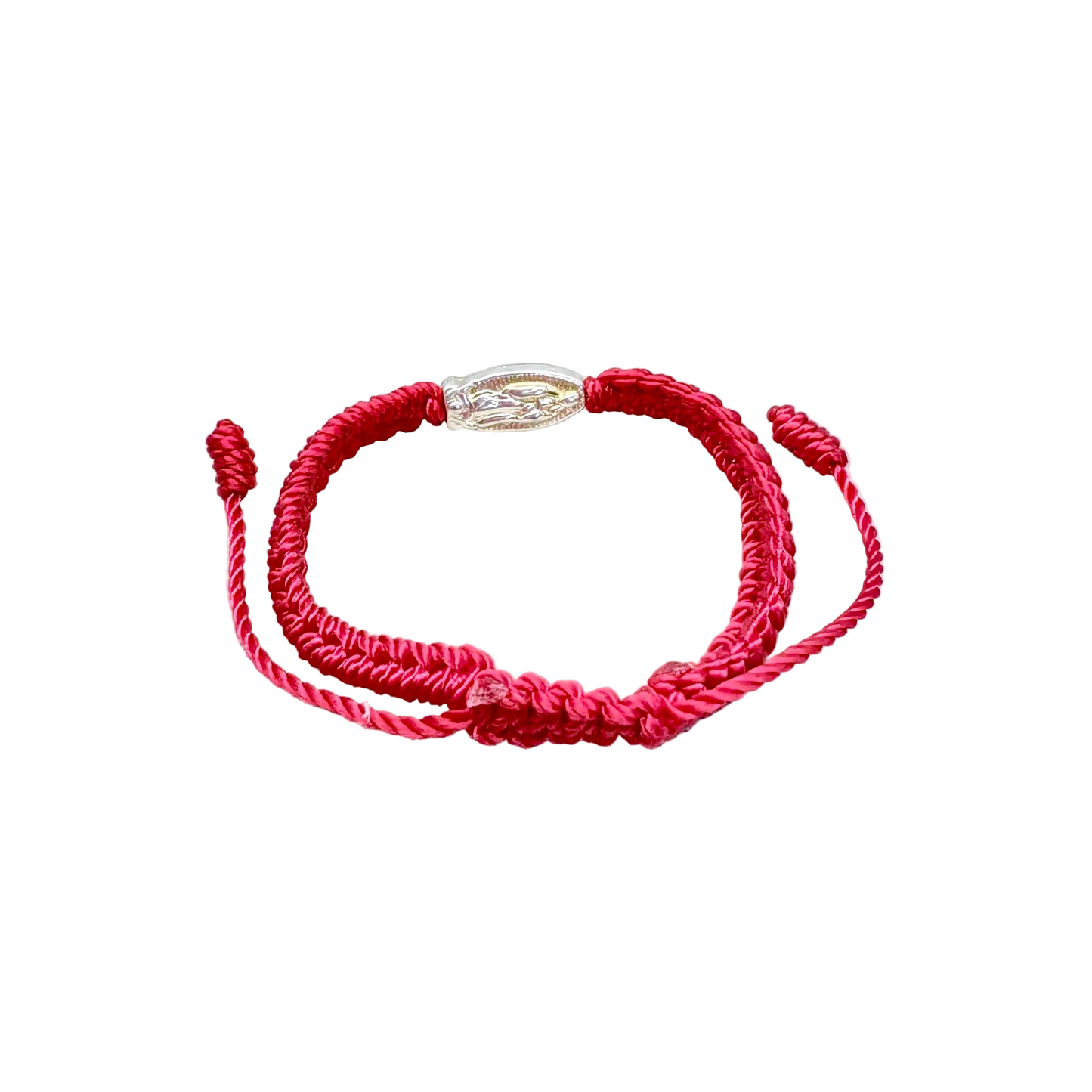 Adjustable red cord baby bracelet with Guadalupe charm showing knot and closure detail side view