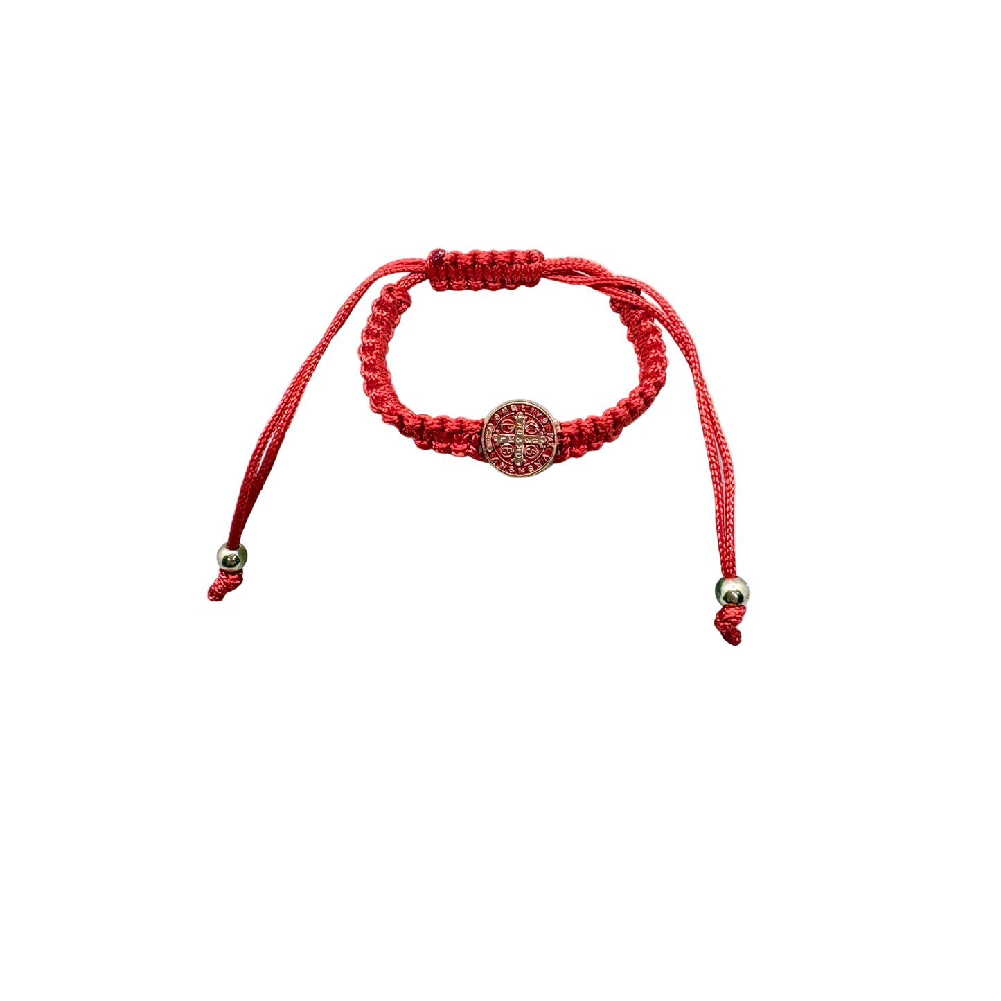 Red St Benedict baby bracelet adjustable Catholic infant jewelry front view on white background