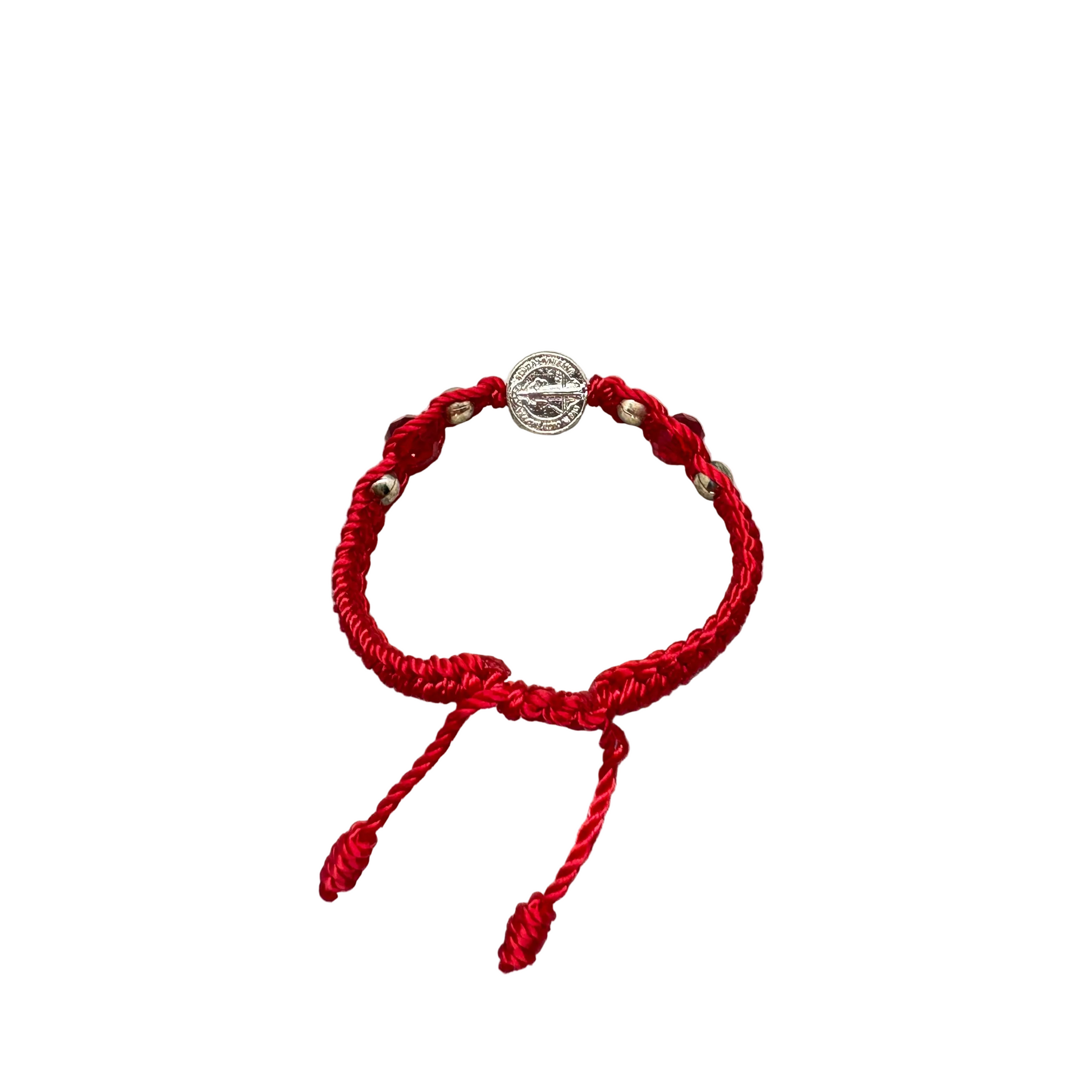 Adjustable red nylon St. Benedict baby bracelet with sliding knot closure