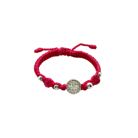 Red St. Benedict baby bracelet with crystal beads and silver accents adjustable nylon cord