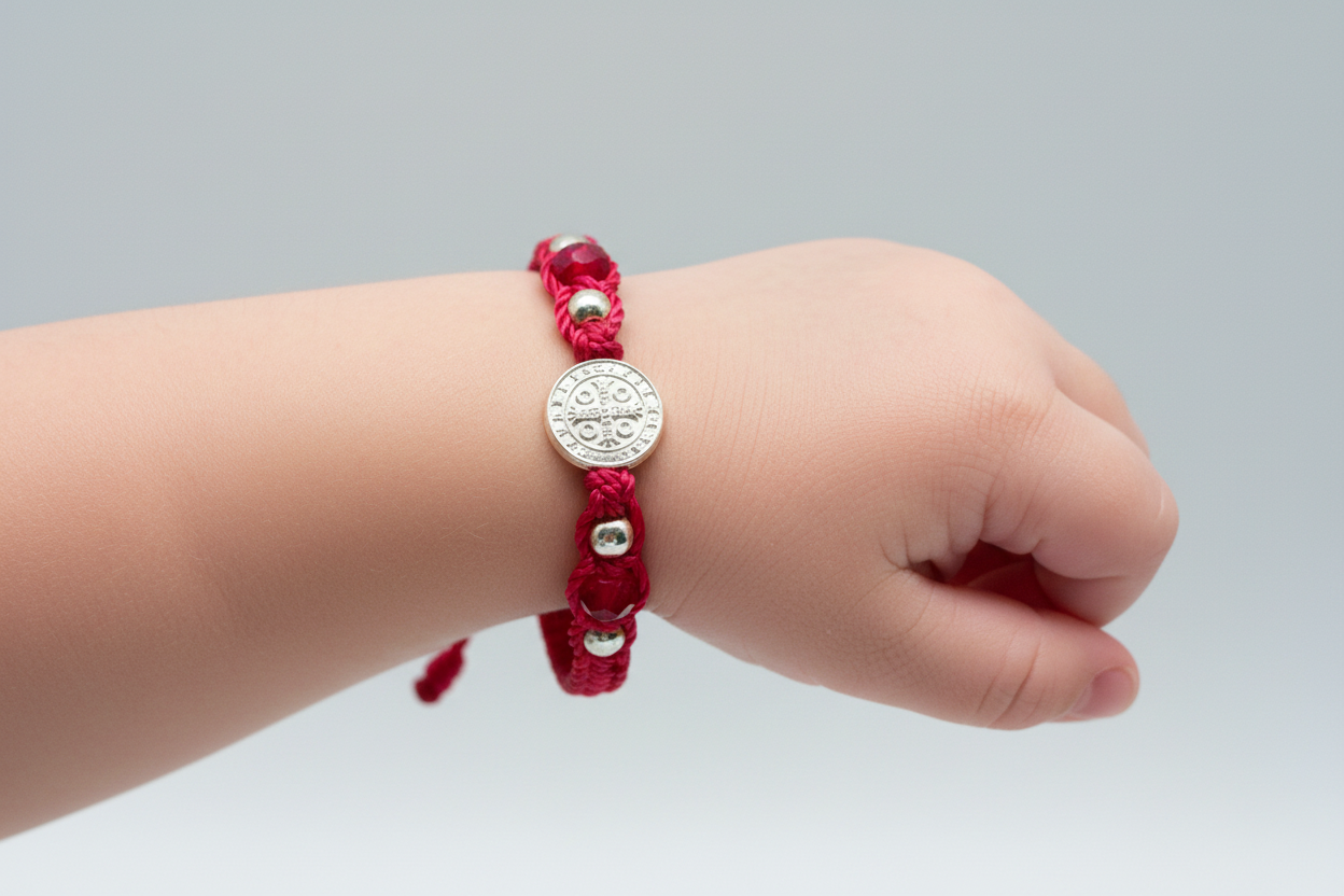 Red St. Benedict baby bracelet with crystal beads worn on infant wrist