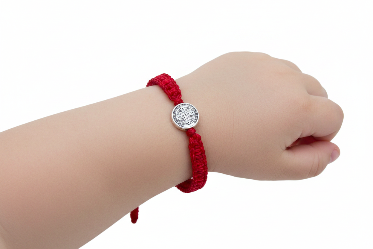 Red St. Benedict baby bracelet worn on infant wrist showing adjustable woven cord and silver medal centerpiece