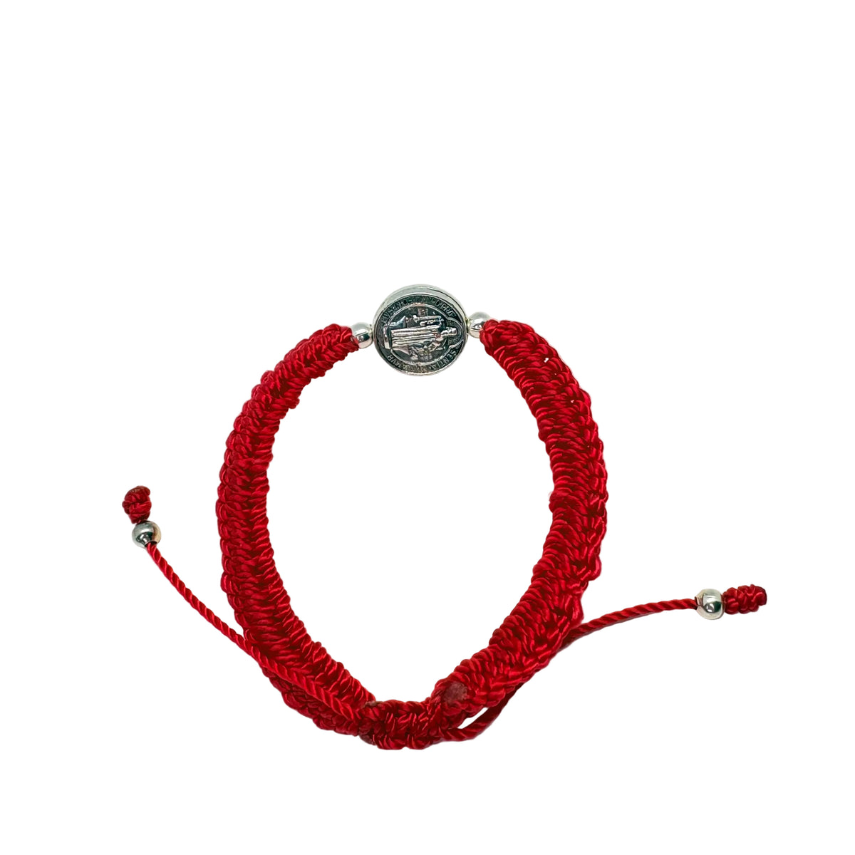 Adjustable red St. Benedict bracelet showing nylon cord and sliding closure back view
