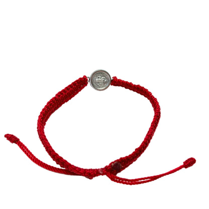 Adjustable red St. Benedict bracelet large medal style showing nylon cord and sliding closure