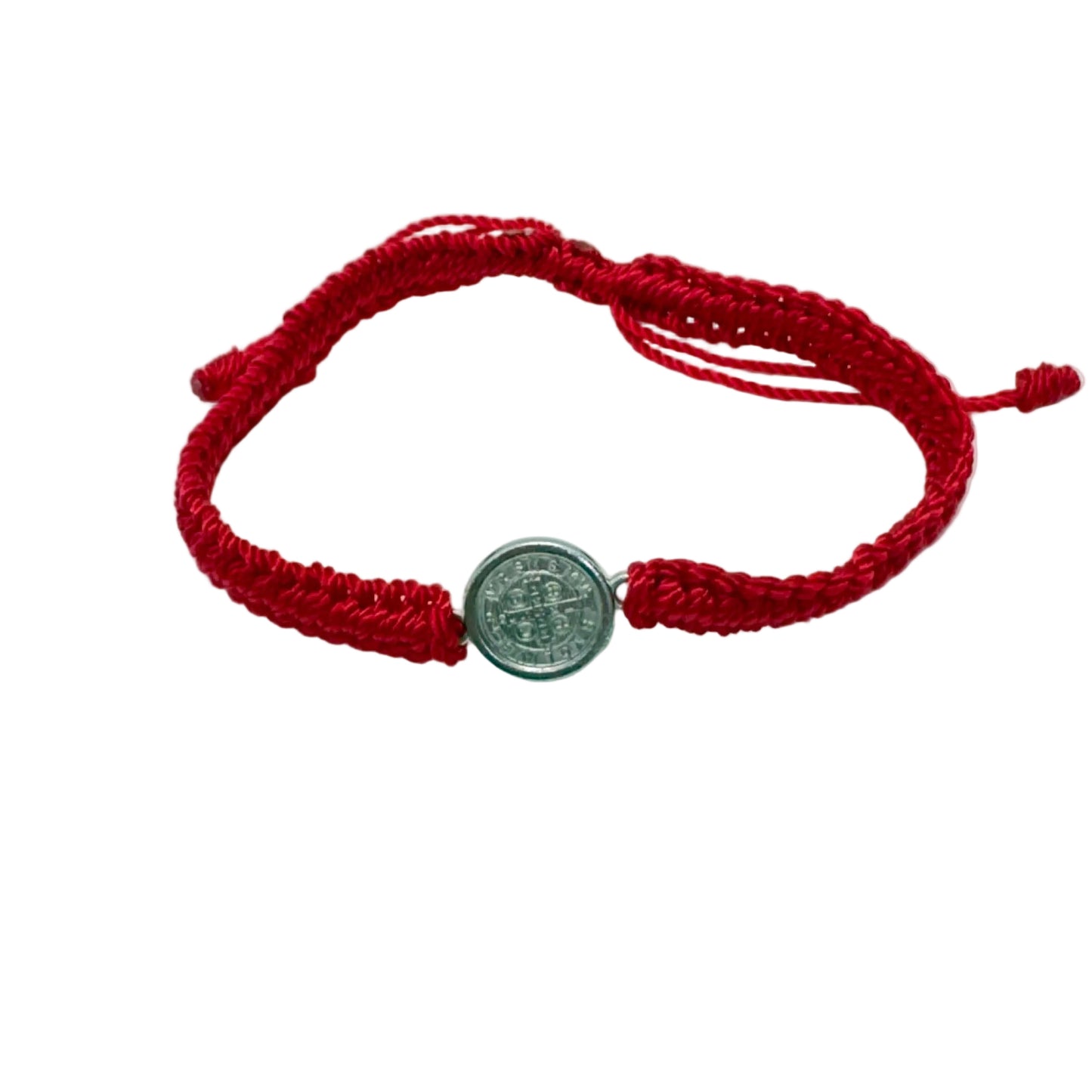 Red St. Benedict bracelet with large medal, adjustable nylon Catholic bracelet front view
