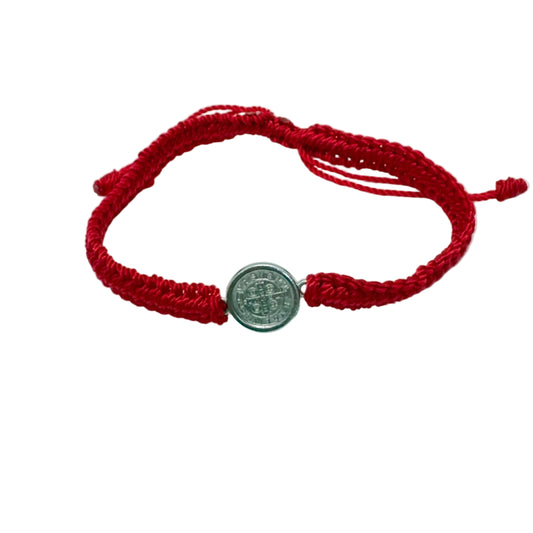Red St. Benedict bracelet with large medal, adjustable nylon Catholic bracelet front view
