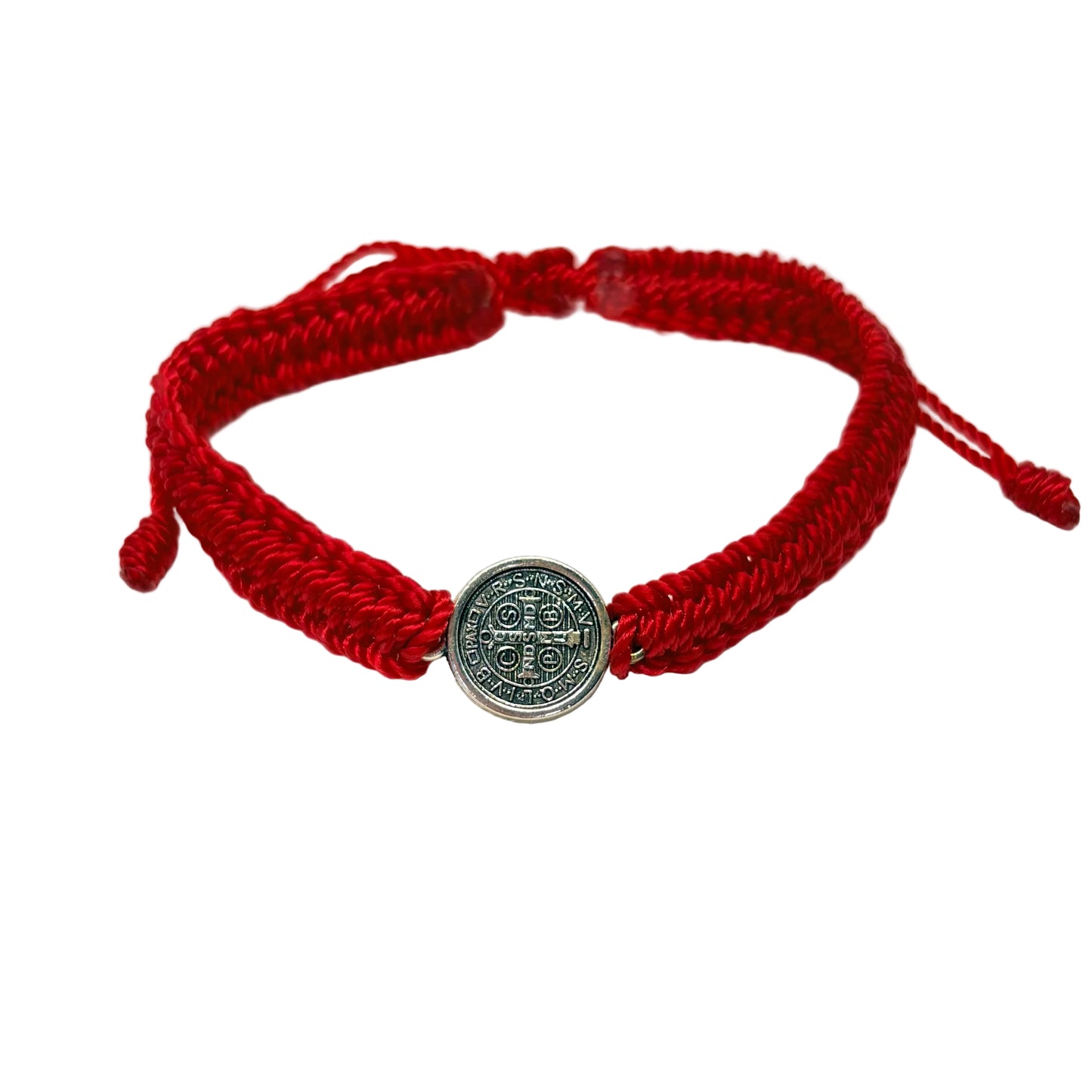 Red St. Benedict bracelet minimal medal style, adjustable nylon Catholic bracelet front view
