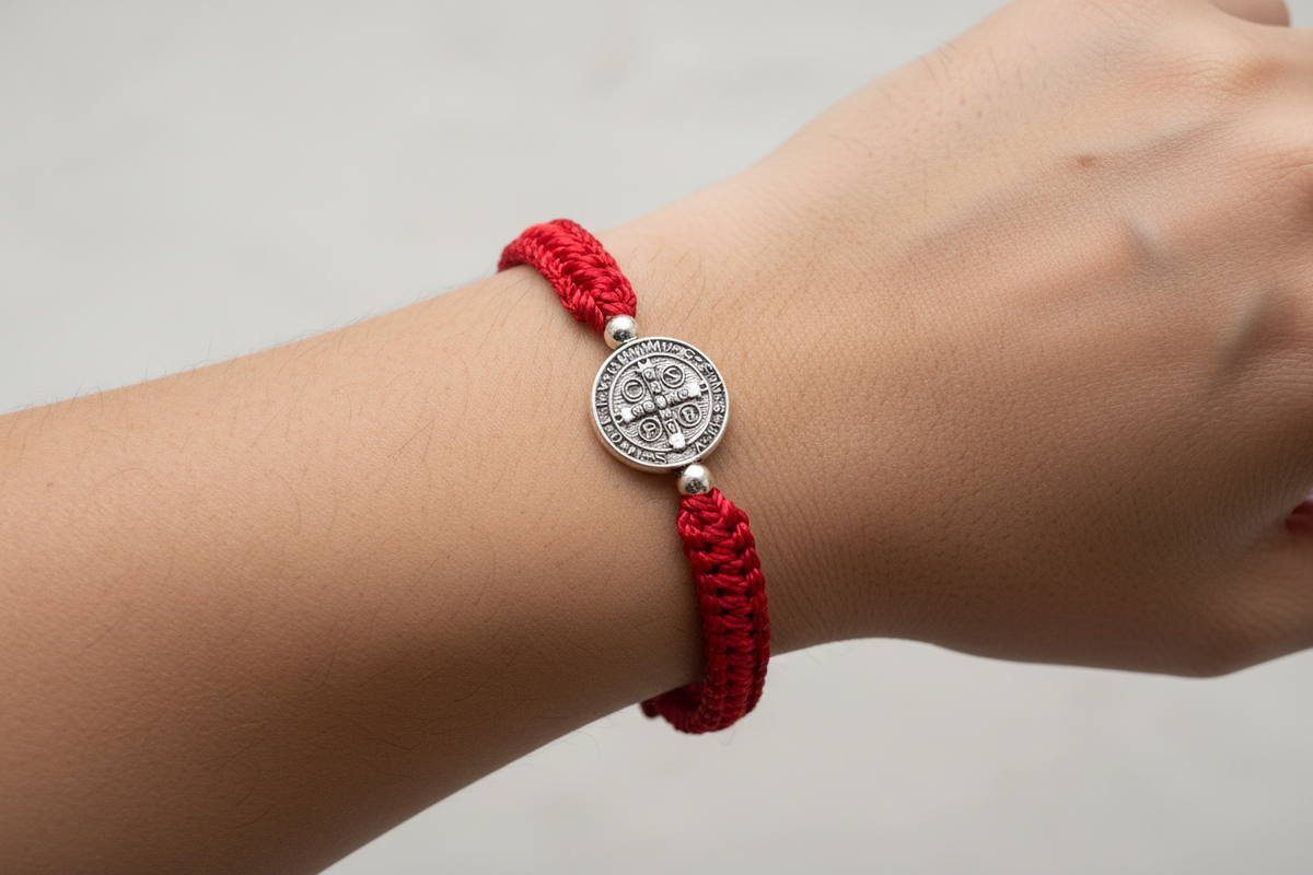 Red St. Benedict bracelet worn on wrist, adjustable nylon Catholic bracelet with silver medal
