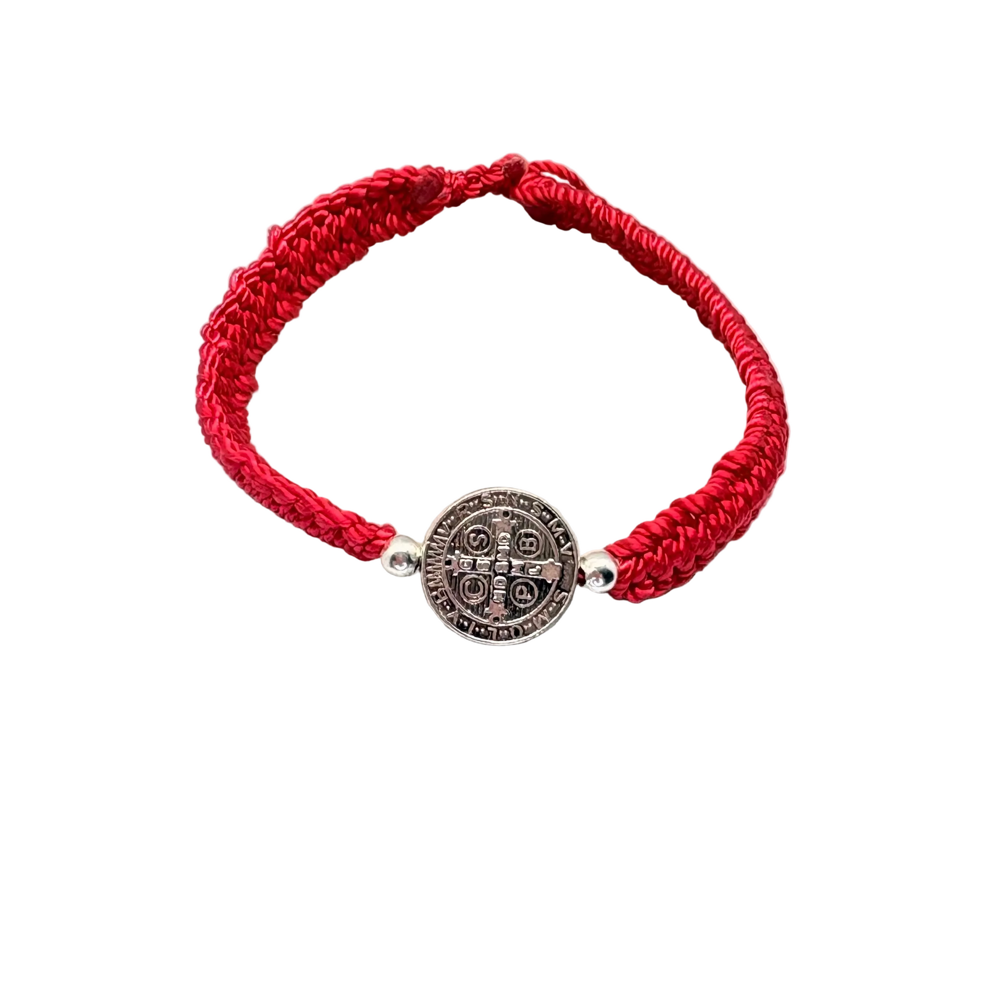 Red St. Benedict bracelet with silver bead accents, adjustable nylon Catholic bracelet front view