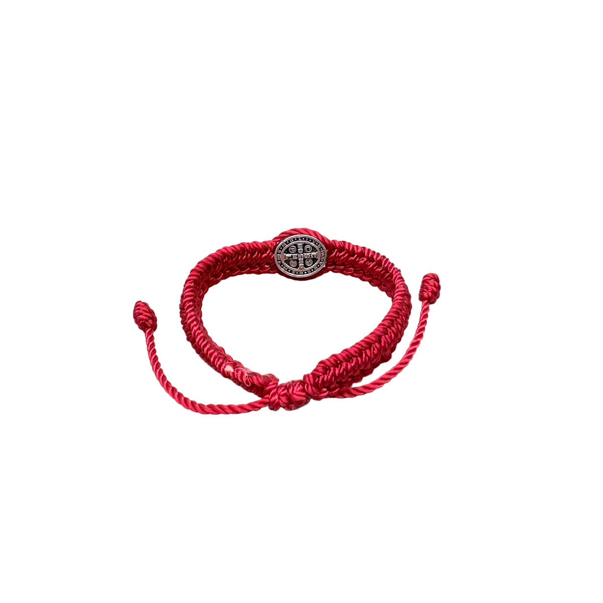 Back view adjustable red braided baby bracelet with St. Benedict medal showing sliding knot closure and cord detail on white background