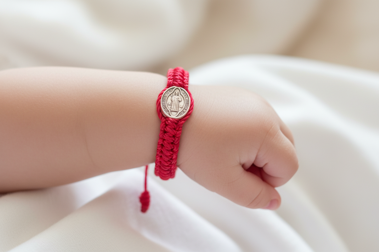 St. Benedict baby bracelet on infant wrist with red adjustable braided cord and silver medal, Catholic baptism gift jewelry