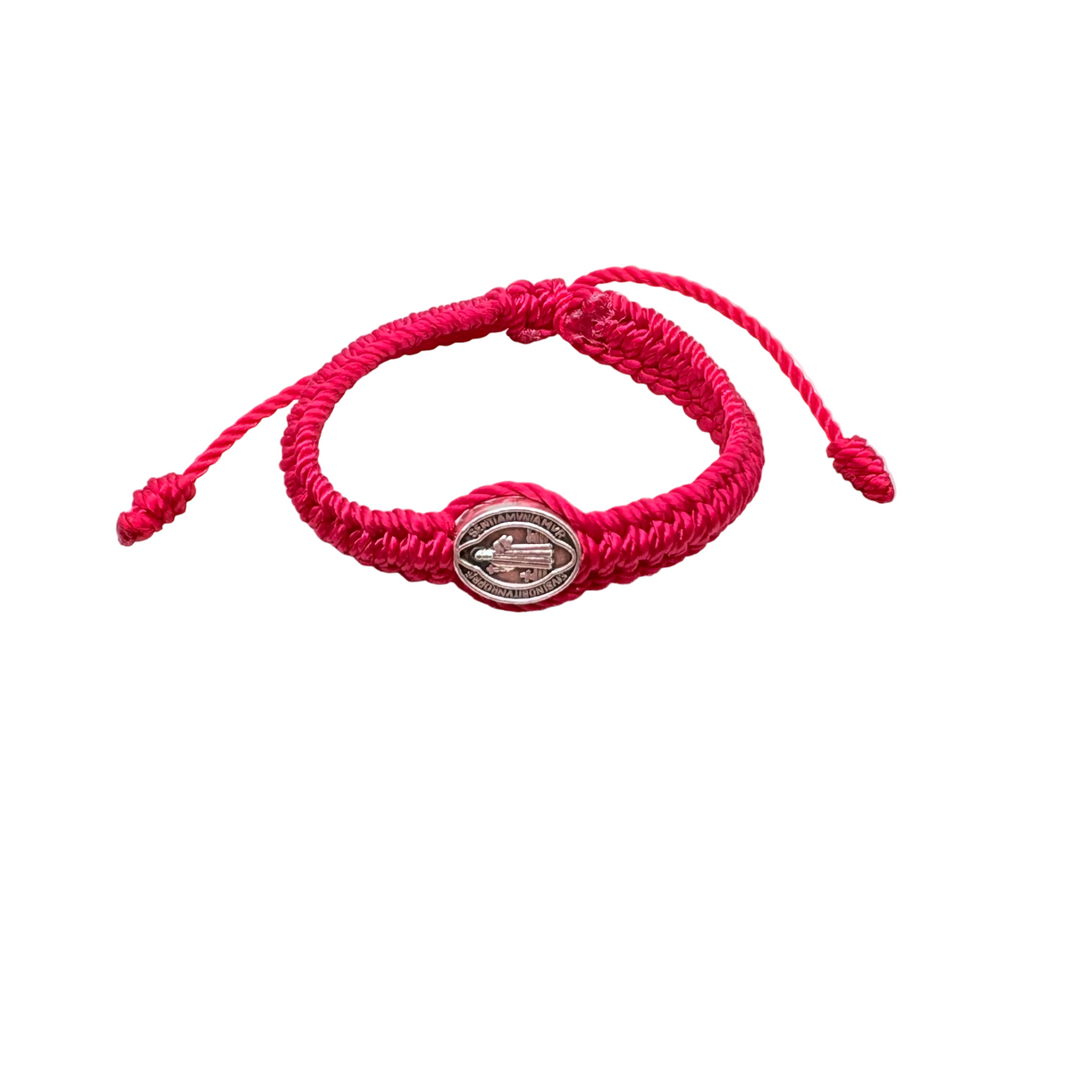 Front view Red adjustable St. Benedict baby bracelet with braided cord and silver silver medal on white background, Catholic infant jewelry for baptism gift