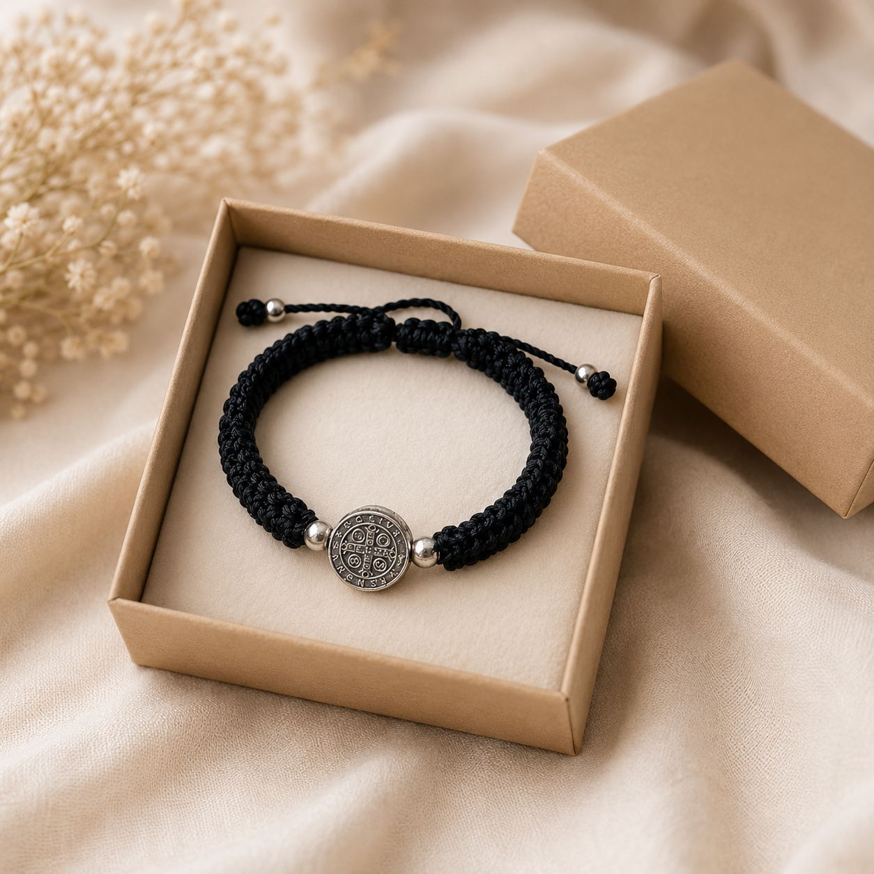 Adjustable St Benedict black bracelet displayed in gift box perfect Catholic confirmation baptism gift
