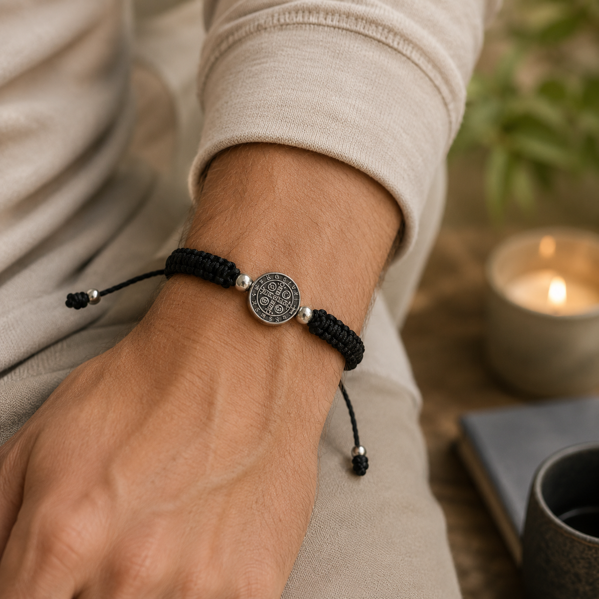 Man wearing St Benedict black nylon bracelet on wrist with candle Catholic daily wear accessory