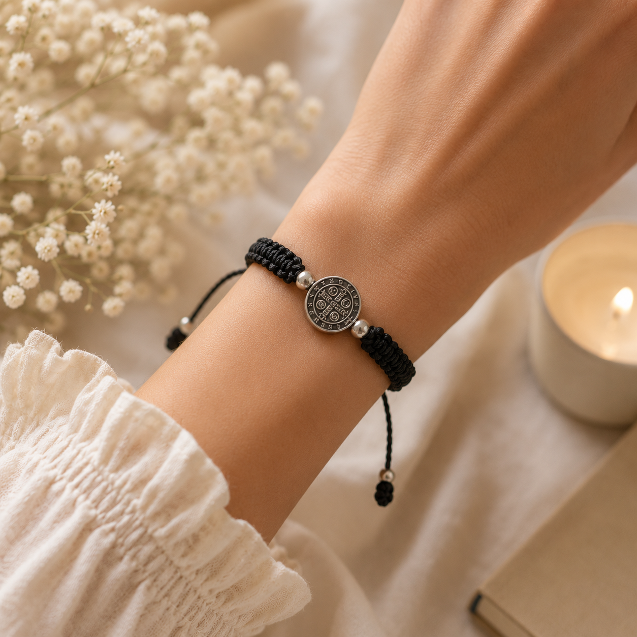 Woman wearing adjustable St Benedict black bracelet on wrist Catholic faith accessory lifestyle shot
