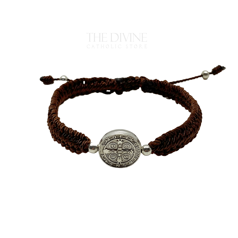 Adjustable brown nylon St Benedict bracelet with authentic medal front view