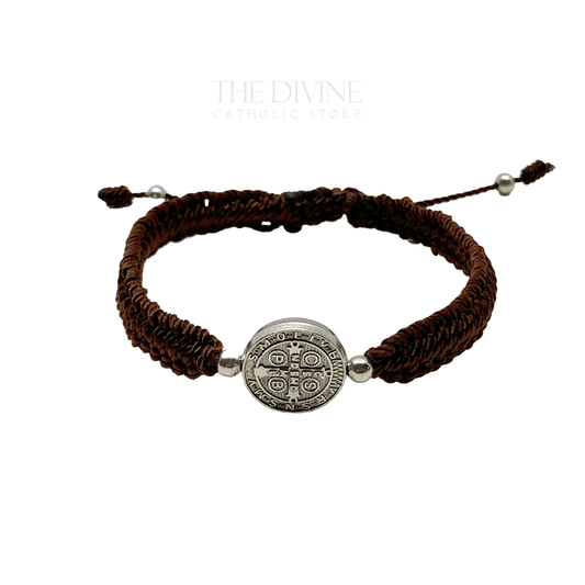 Adjustable brown nylon St Benedict bracelet with authentic medal front view