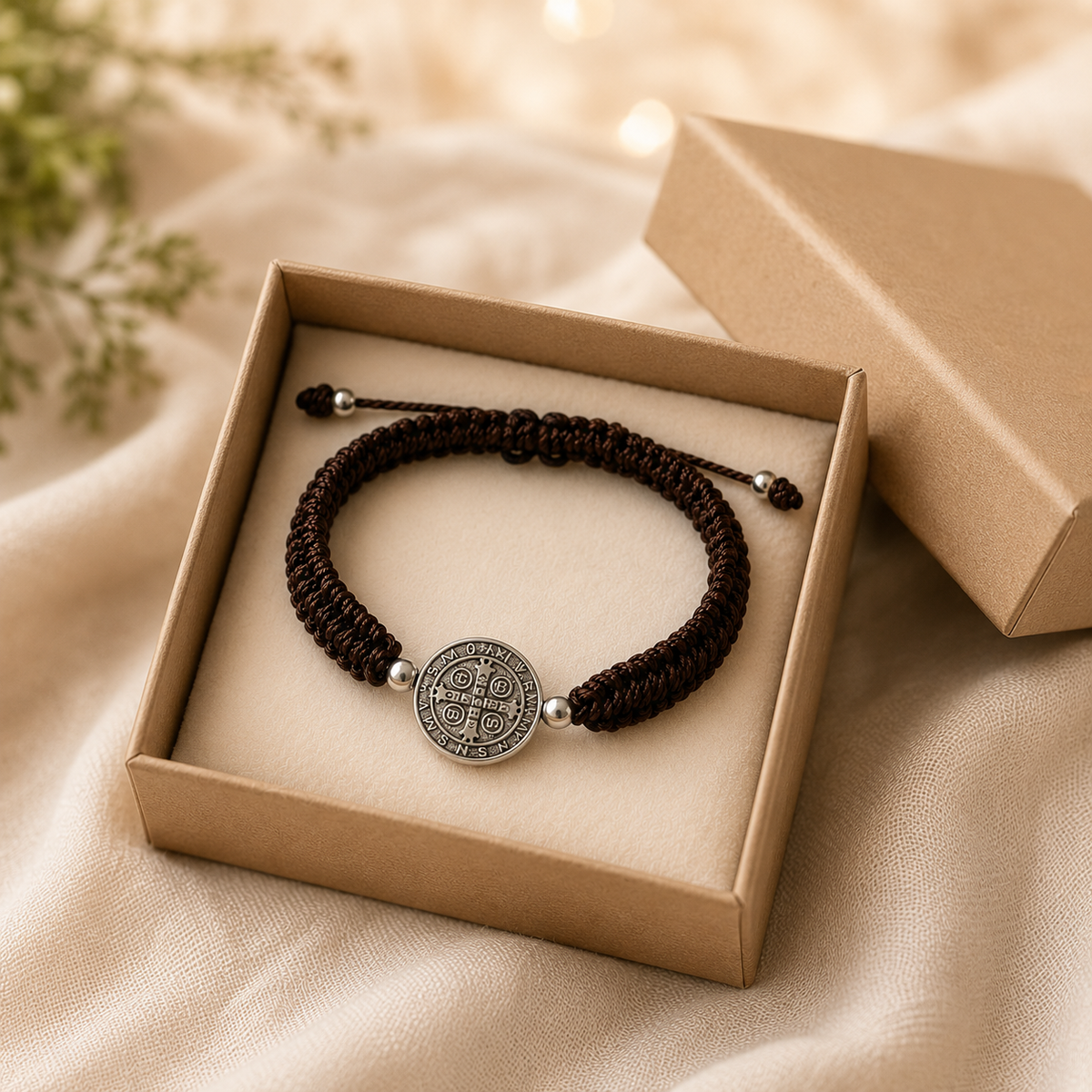 Adjustable St Benedict brown bracelet displayed in gift box perfect Catholic confirmation baptism gift
