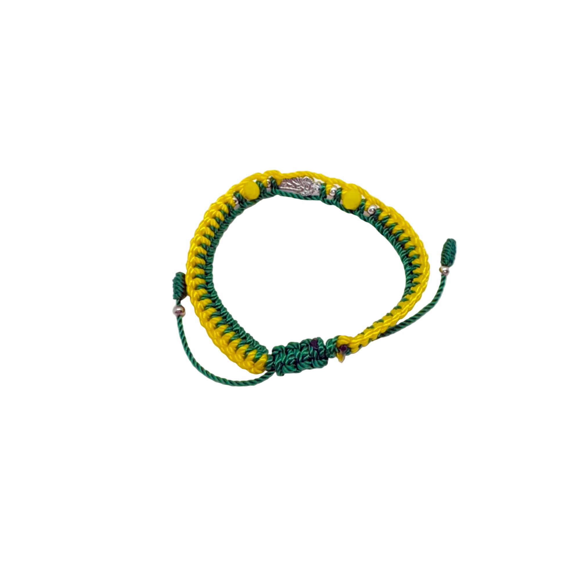 Adjustable St Jude bracelet green and yellow woven cord showing sliding closure and bead details