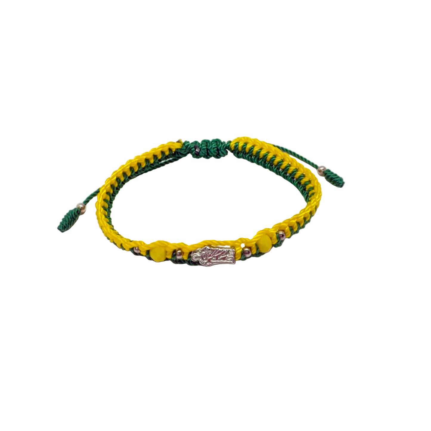 St Jude green and yellow bracelet with crystal beads and silver accents adjustable Catholic bracelet front view