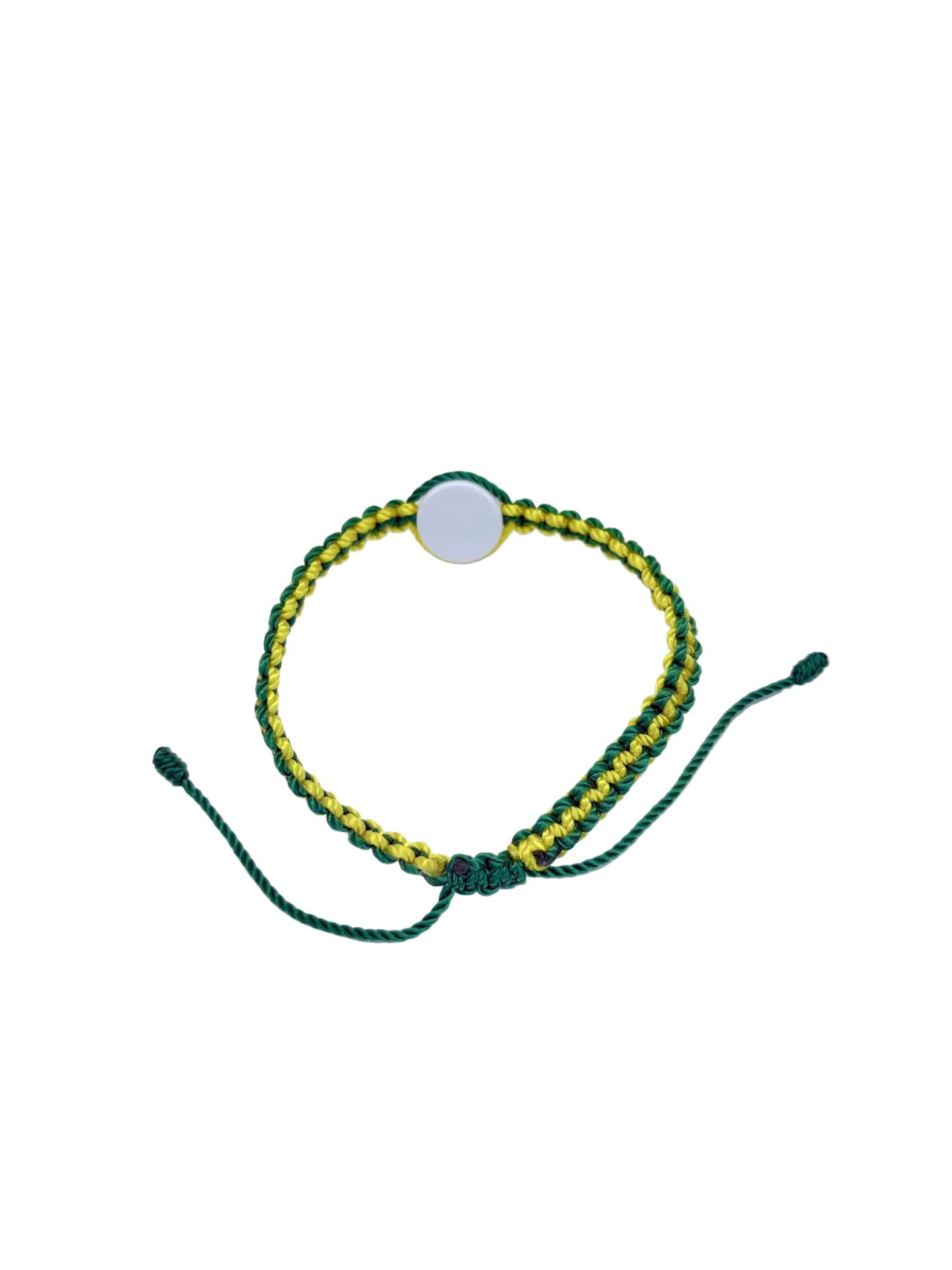 Green and yellow St Jude bracelet adjustable nylon cord back view showing closure