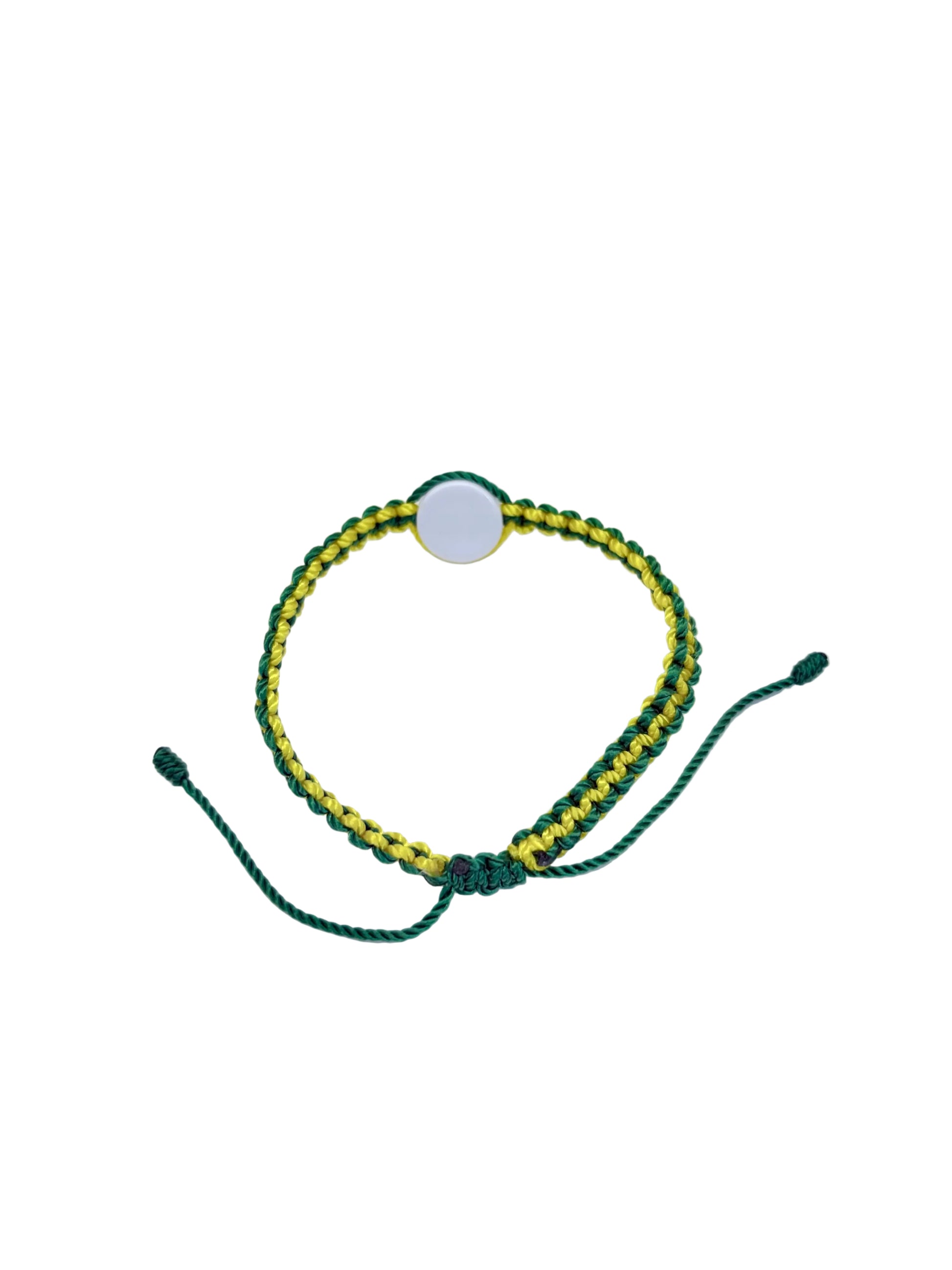 Green and yellow St Jude bracelet adjustable nylon cord back view showing closure