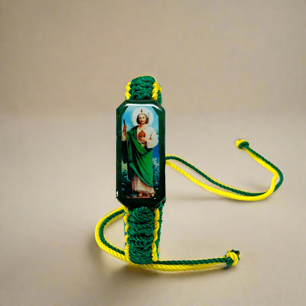 Green and yellow woven cord St Jude adjustable Catholic bracelet open view showing adjustable fit
