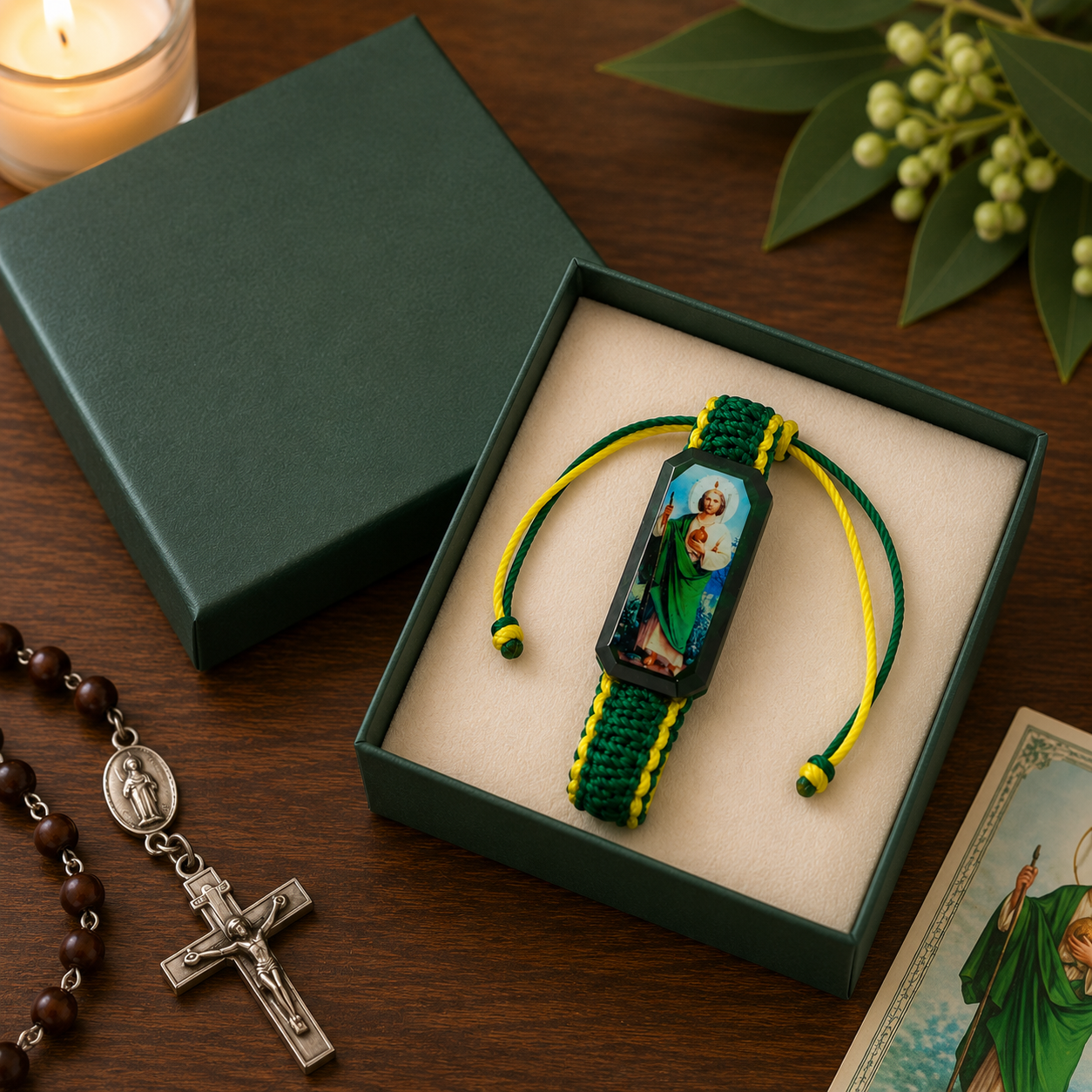 St Jude green yellow bracelet in gift box with rosary and candle perfect Catholic confirmation baptism gift
