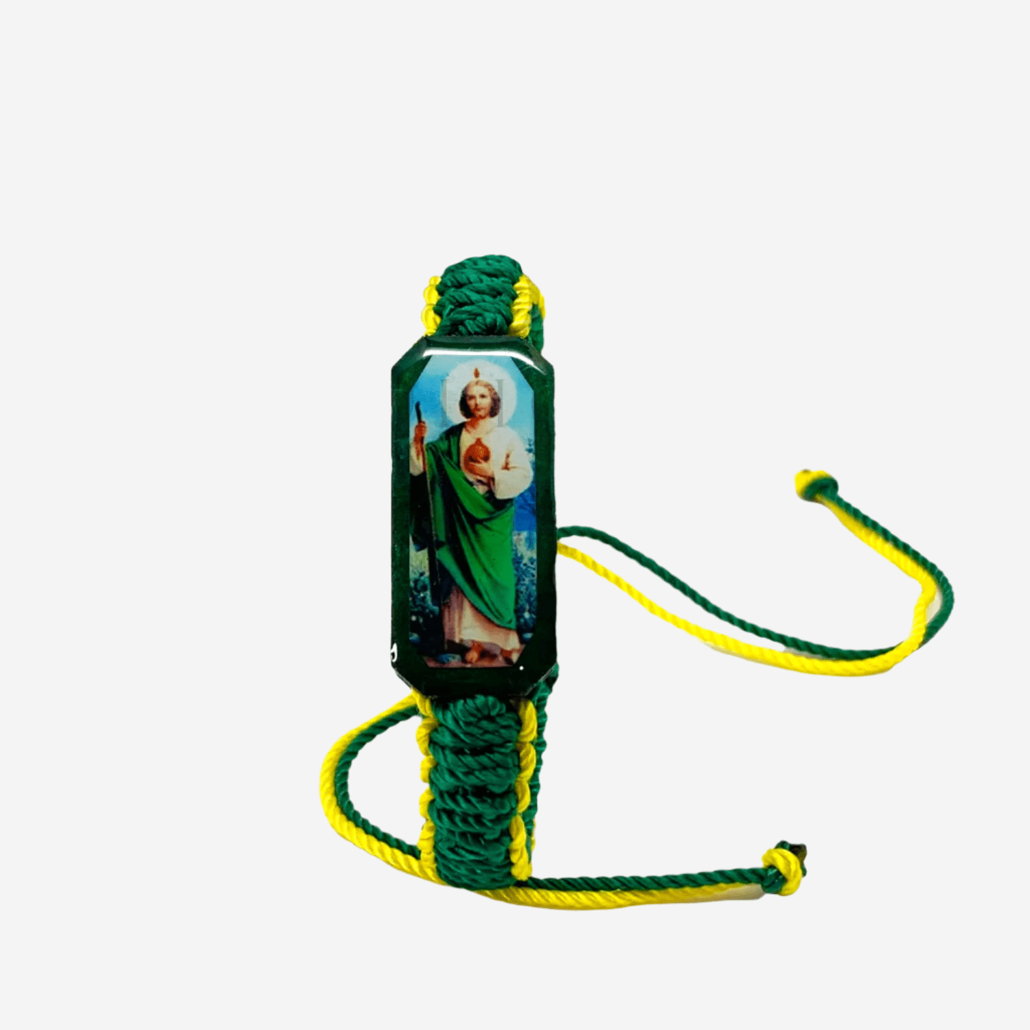 Adjustable green and yellow St Jude bracelet with lacquered saint charm front view

