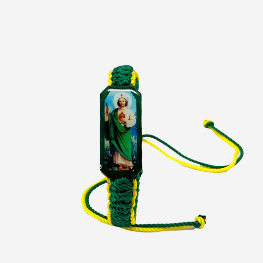 Adjustable green and yellow St Jude bracelet with lacquered saint charm front view
