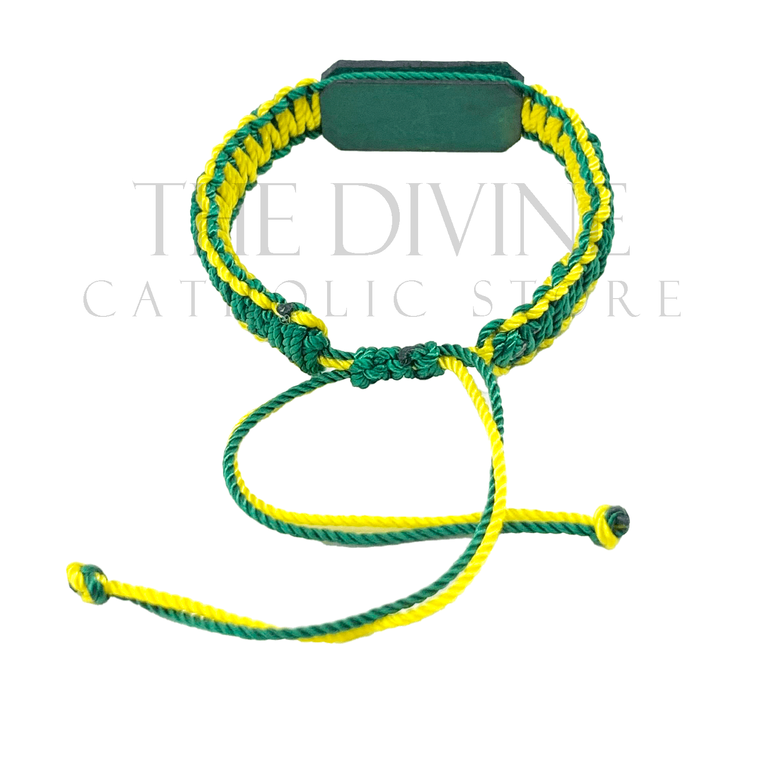 Adjustable green and yellow St Jude woven cord Catholic bracelet showing saint charm and cord detail

