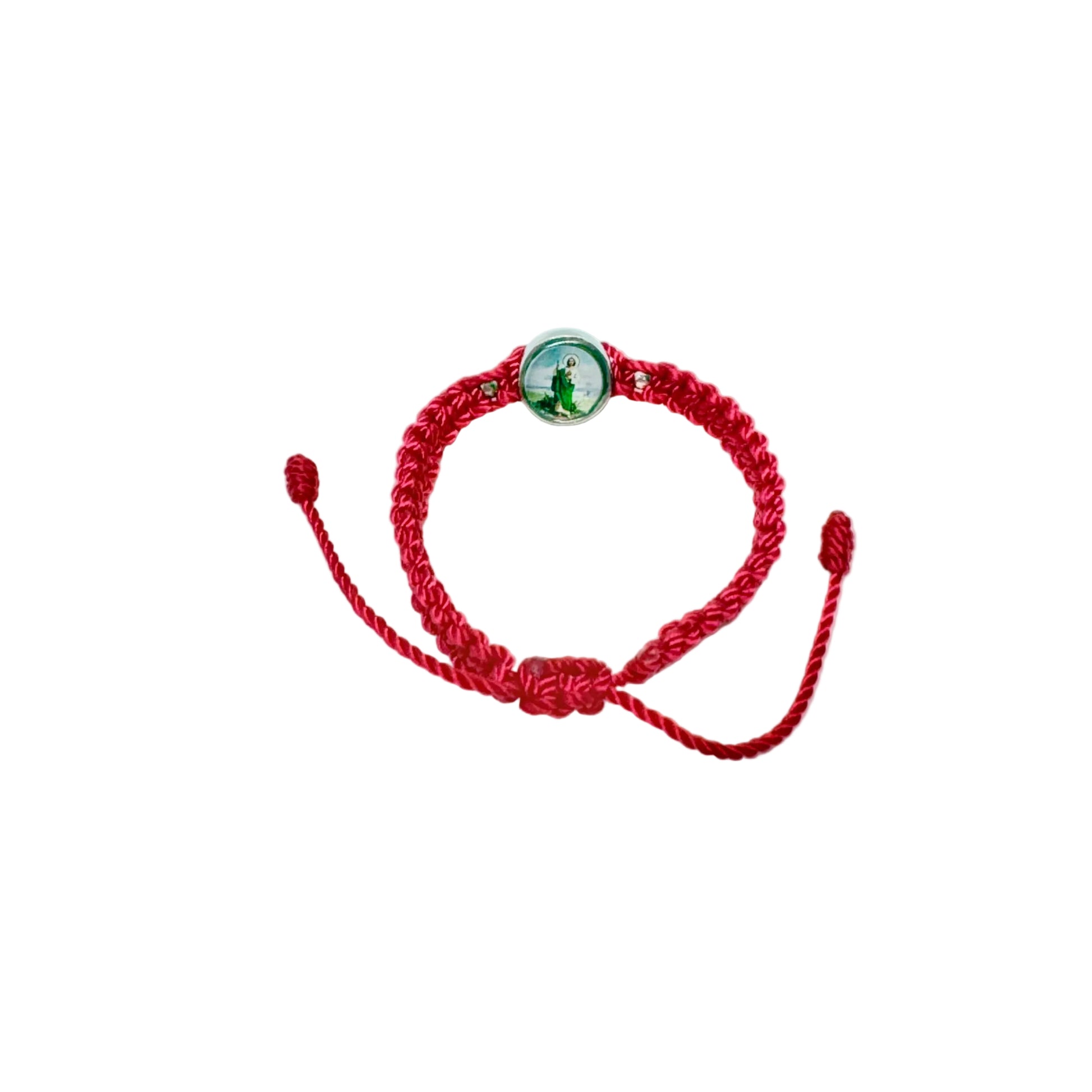 Top view of red St. Jude adjustable bracelet with braided cord and saint medal, Catholic jewelry gift