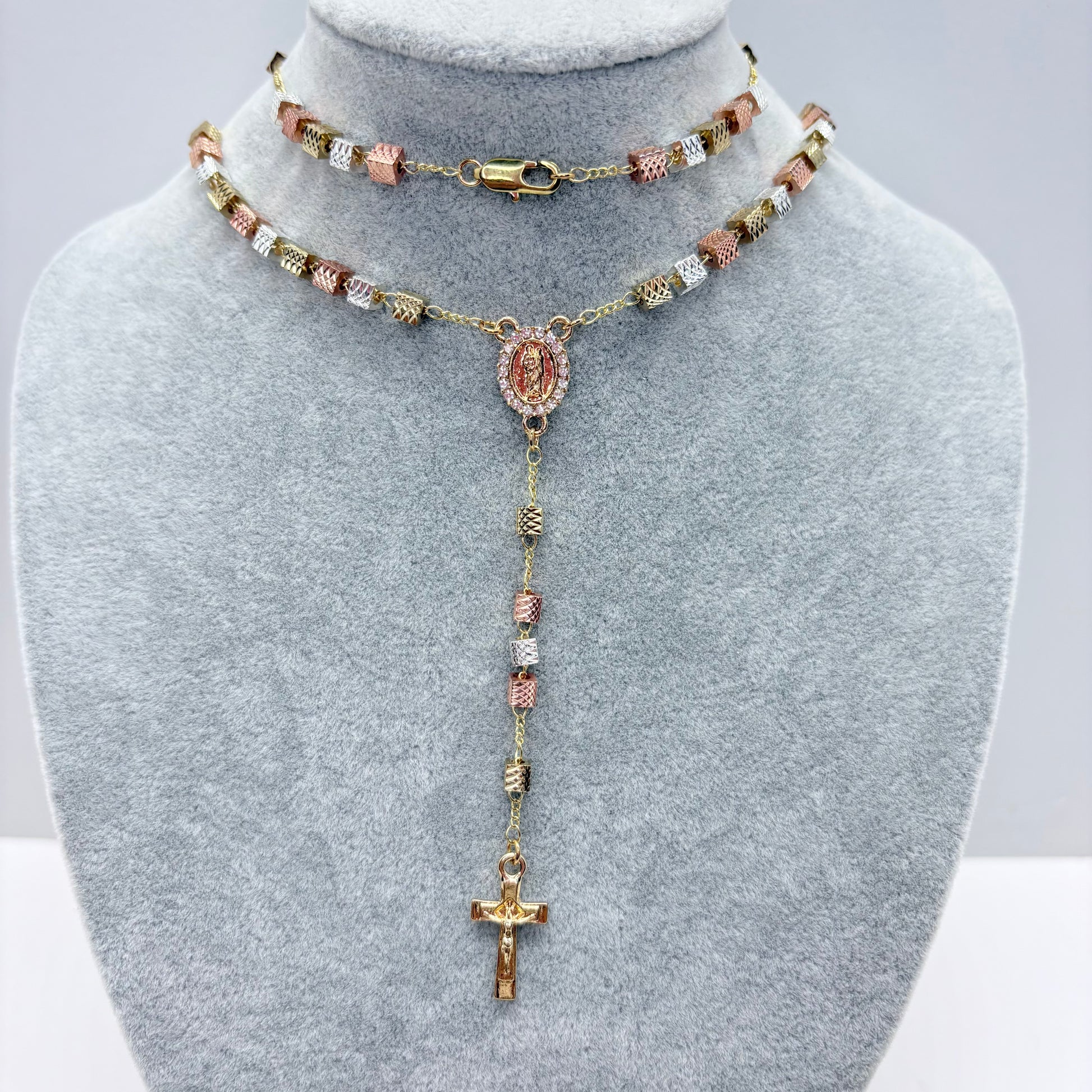 Tri-color St Jude rosary necklace with square textured beads and crucifix on gray display stand 15 inch Catholic jewelry
