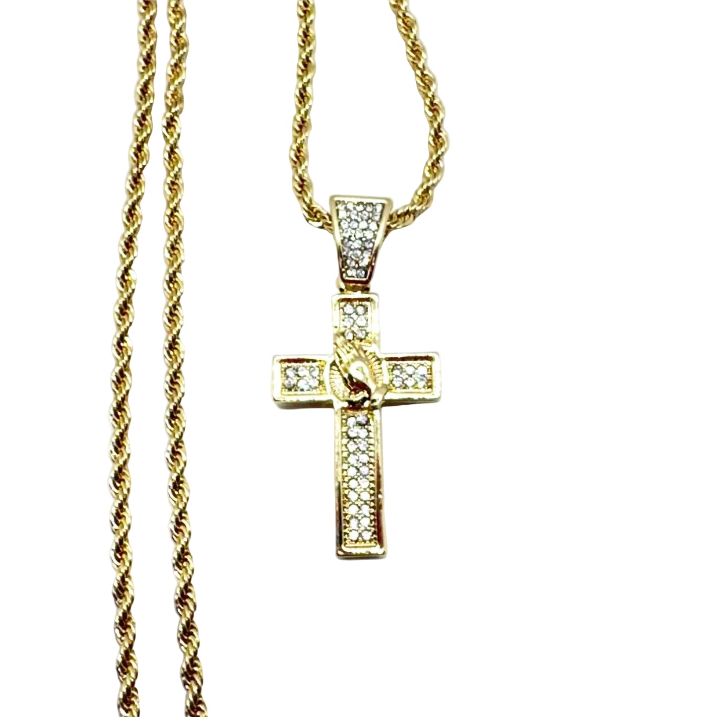 Stainless steel cross necklace with praying hands cubic zirconia pendant rope chain 14 inch religious jewelry