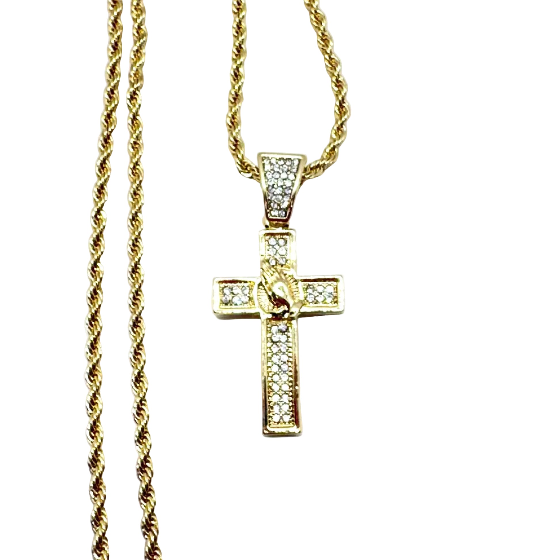 Stainless steel cross necklace with praying hands cubic zirconia pendant rope chain 14 inch religious jewelry