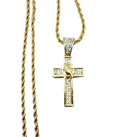 Stainless steel cross necklace with praying hands cubic zirconia pendant rope chain 14 inch religious jewelry