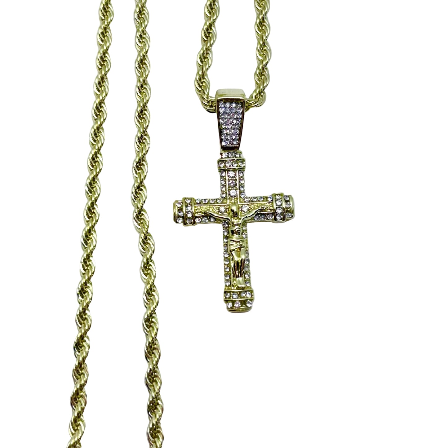 Stainless steel crucifix necklace with cubic zirconia pendant on rope chain 14 inch religious jewelry