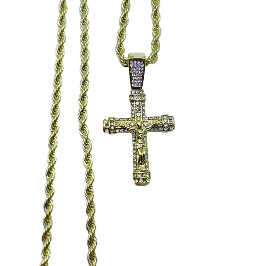 Stainless steel crucifix necklace with cubic zirconia pendant on rope chain 14 inch religious jewelry