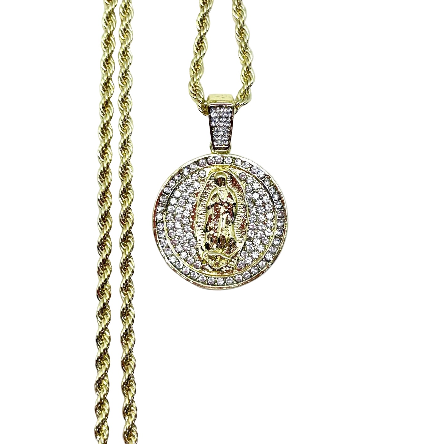 Stainless steel Guadalupe necklace with round cubic zirconia pendant rope chain 14 inch Catholic jewelry