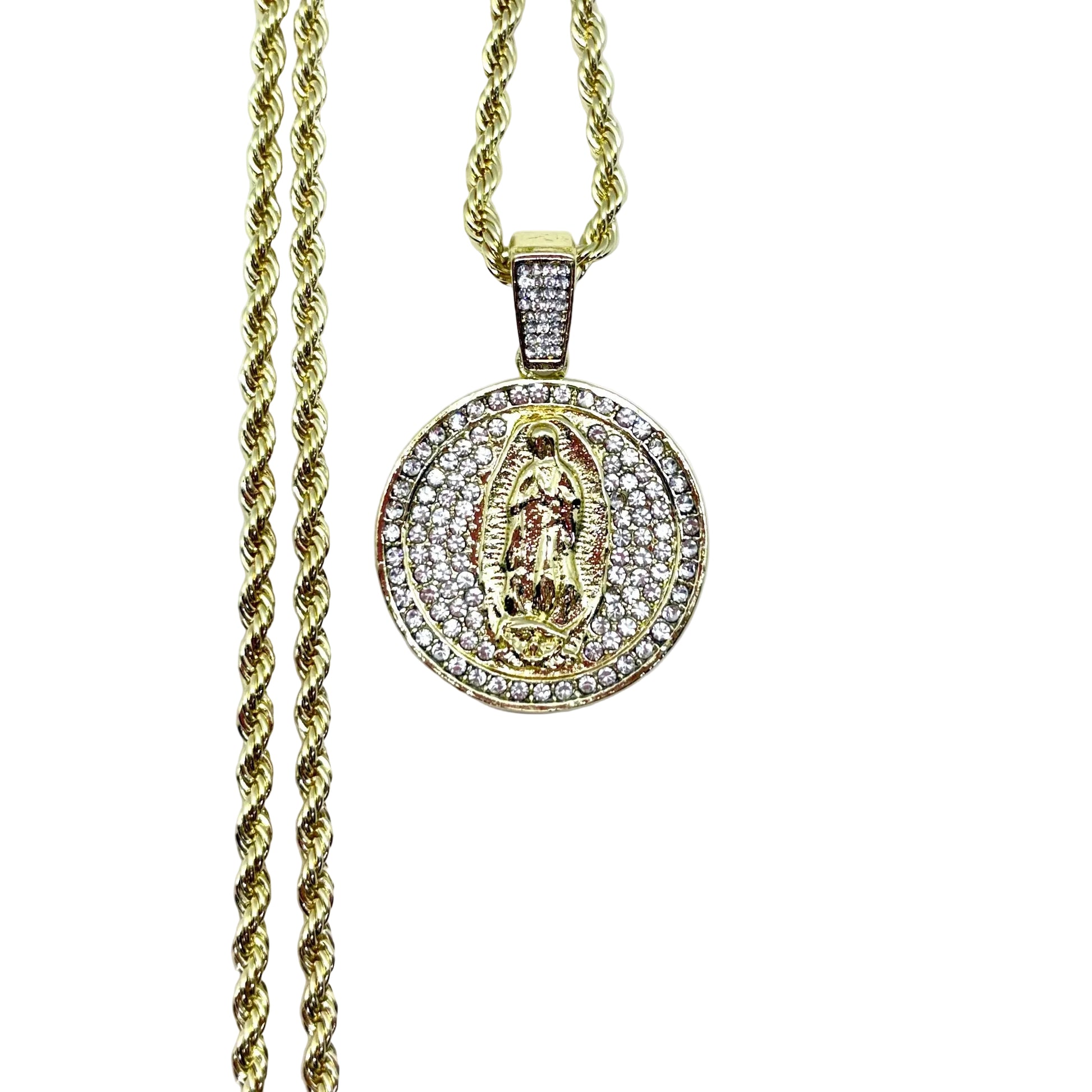 Stainless steel Guadalupe necklace with round cubic zirconia pendant rope chain 14 inch Catholic jewelry