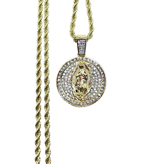 Stainless steel Guadalupe necklace with round cubic zirconia pendant rope chain 14 inch Catholic jewelry
