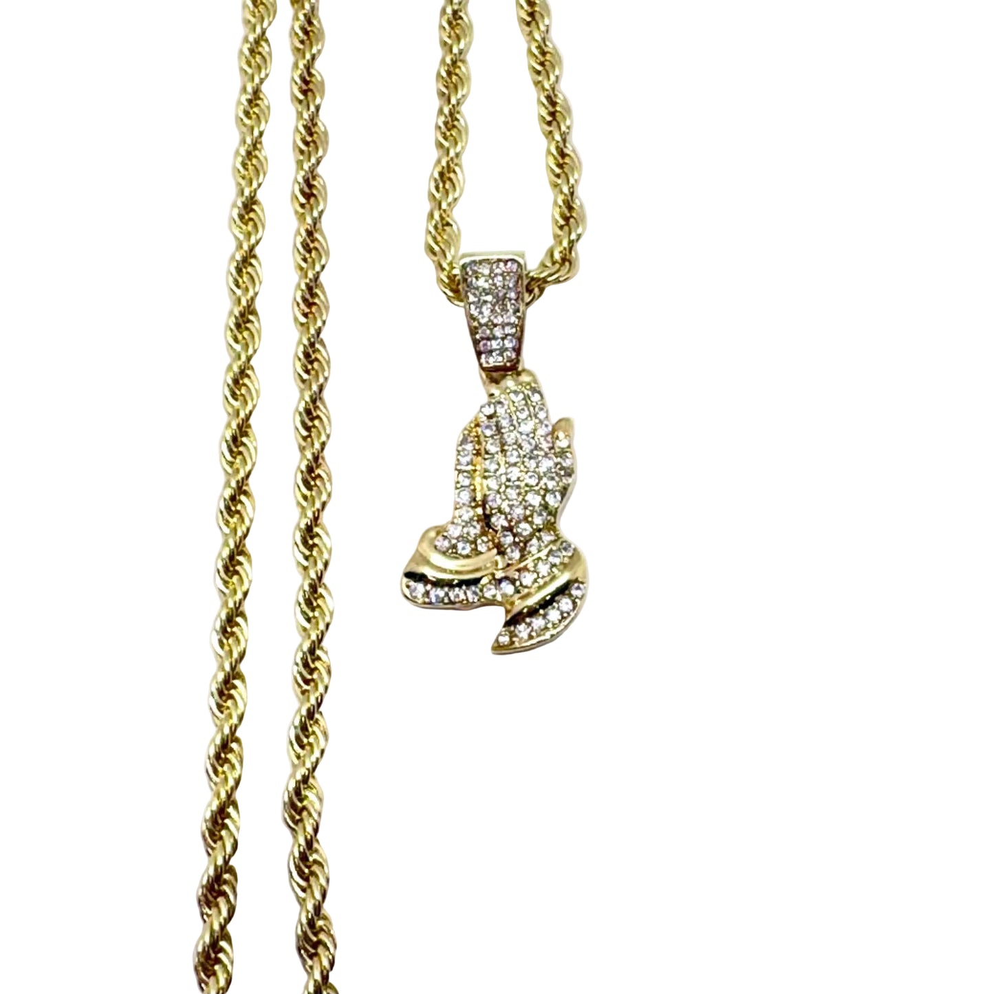 Stainless steel praying hands necklace with cubic zirconia pendant rope chain 14 inch religious jewelry