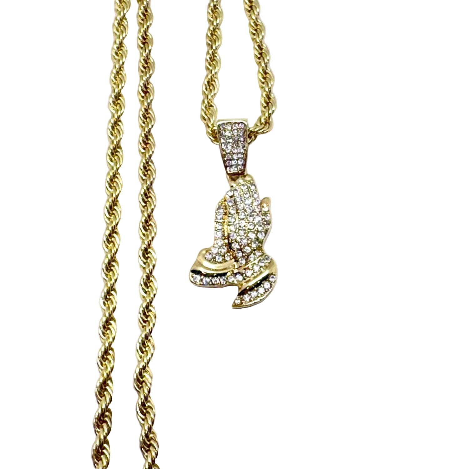 Stainless steel praying hands necklace with cubic zirconia pendant rope chain 14 inch religious jewelry