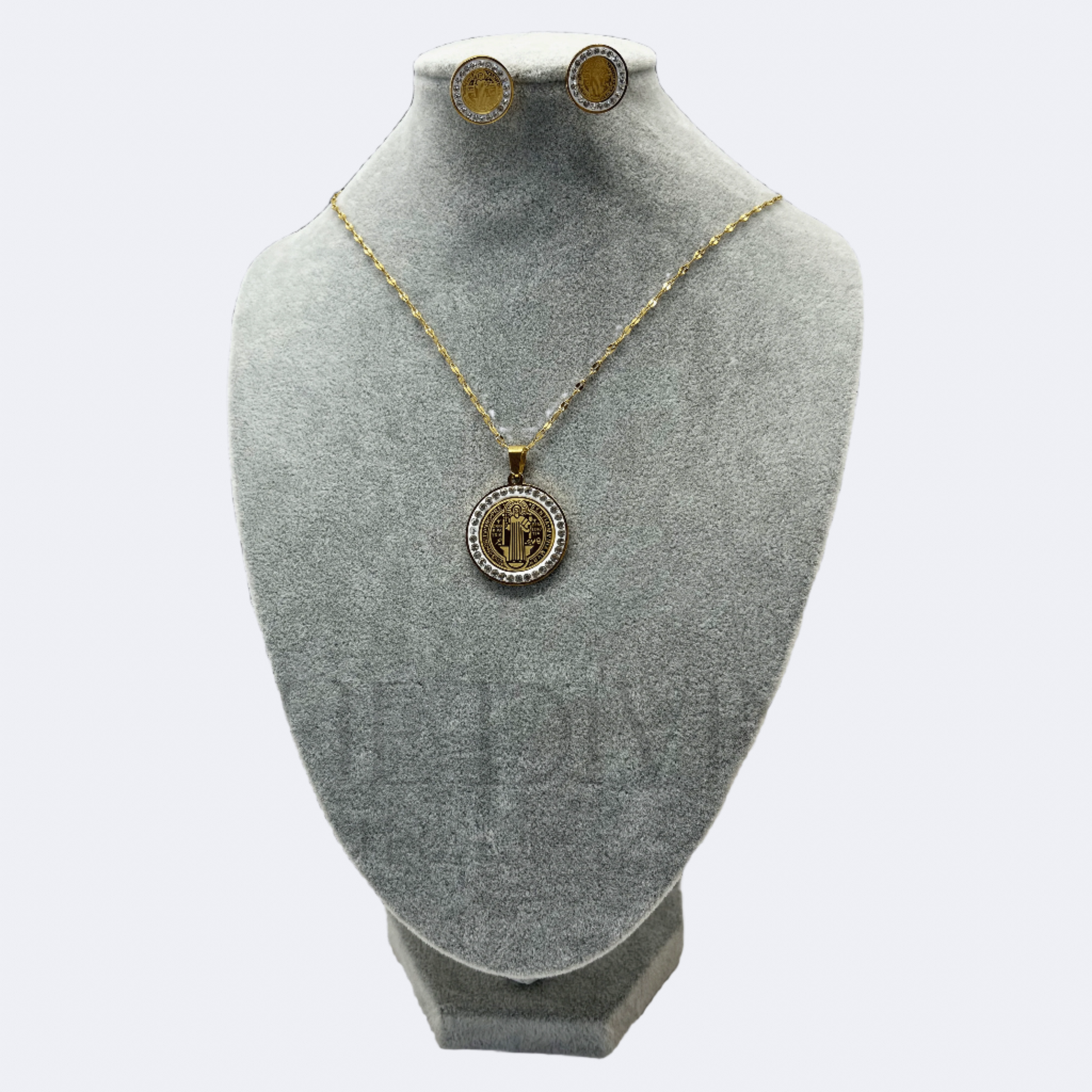 Close-up of St. Benedict Necklace and Earring Set in stainless steel, showcasing the intricate design of the St. Benedict medallion pendant and matching earrings.