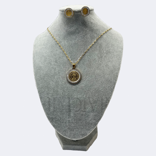 Close-up of St. Benedict Necklace and Earring Set in stainless steel, showcasing the intricate design of the St. Benedict medallion pendant and matching earrings.