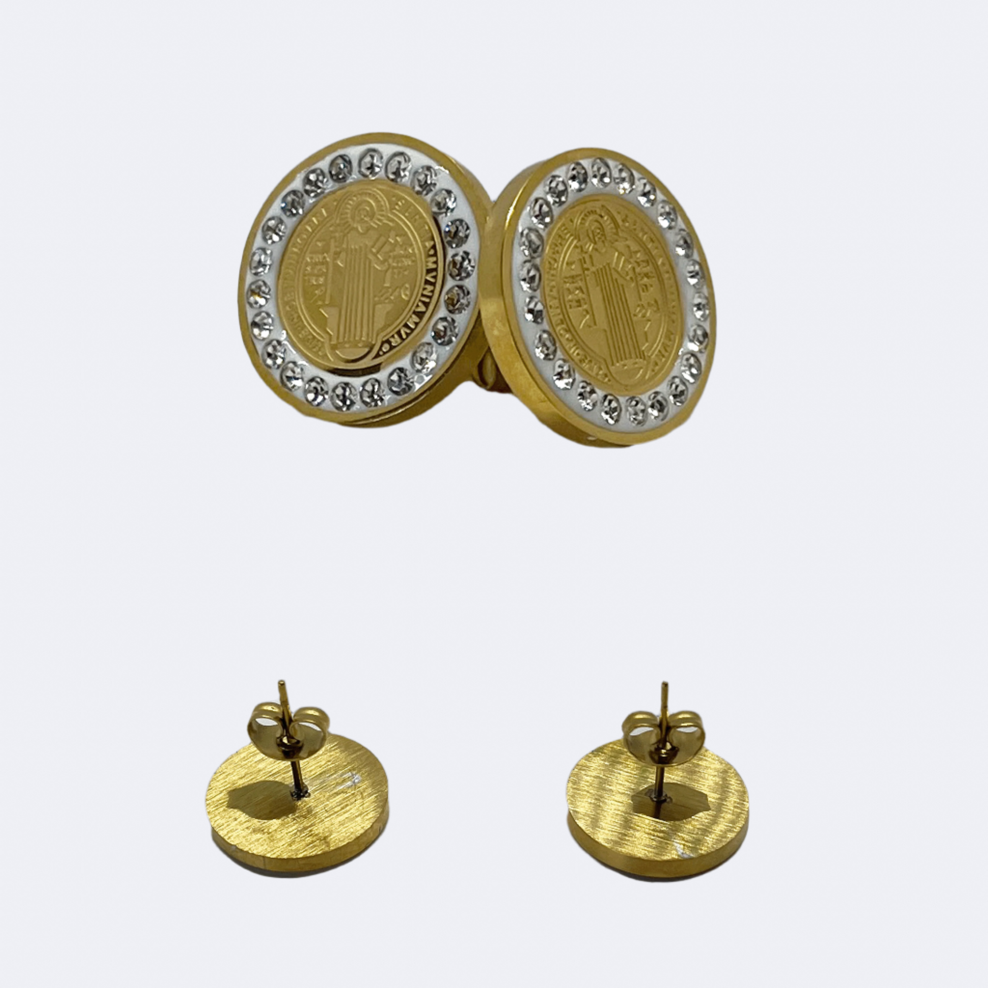 St. Benedict Necklace and Earring Set in stainless steel, displayed to emphasize the fine detailing and craftsmanship of the medallion pendant and matching earrings.