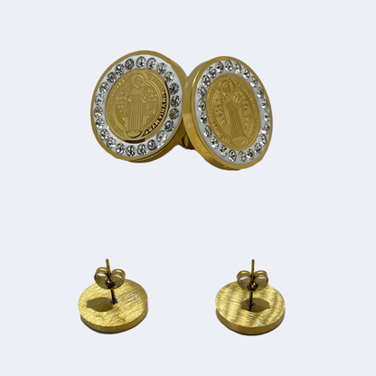 St. Benedict Necklace and Earring Set in stainless steel, displayed to emphasize the fine detailing and craftsmanship of the medallion pendant and matching earrings.
